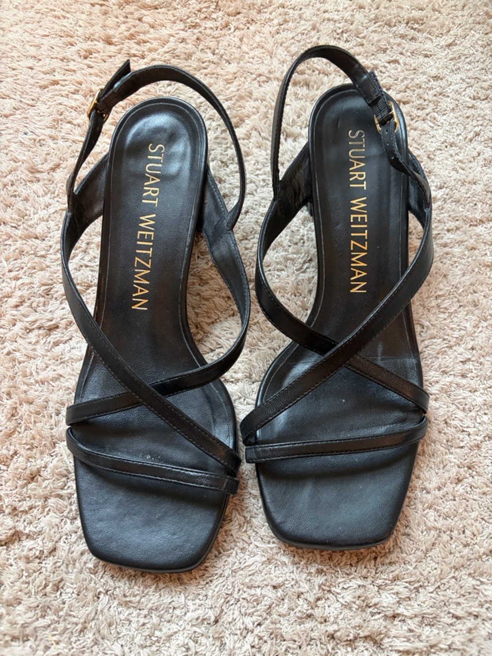 Stuart Weitzman Black Leather Cross-Strap Block Heel Sandal - Picture 4 of 7
